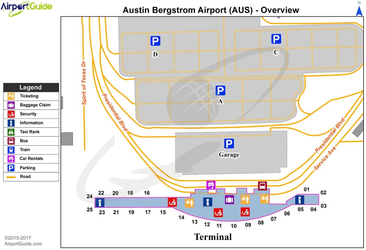 Austin Bergstrom tarptautinis oro uostas map