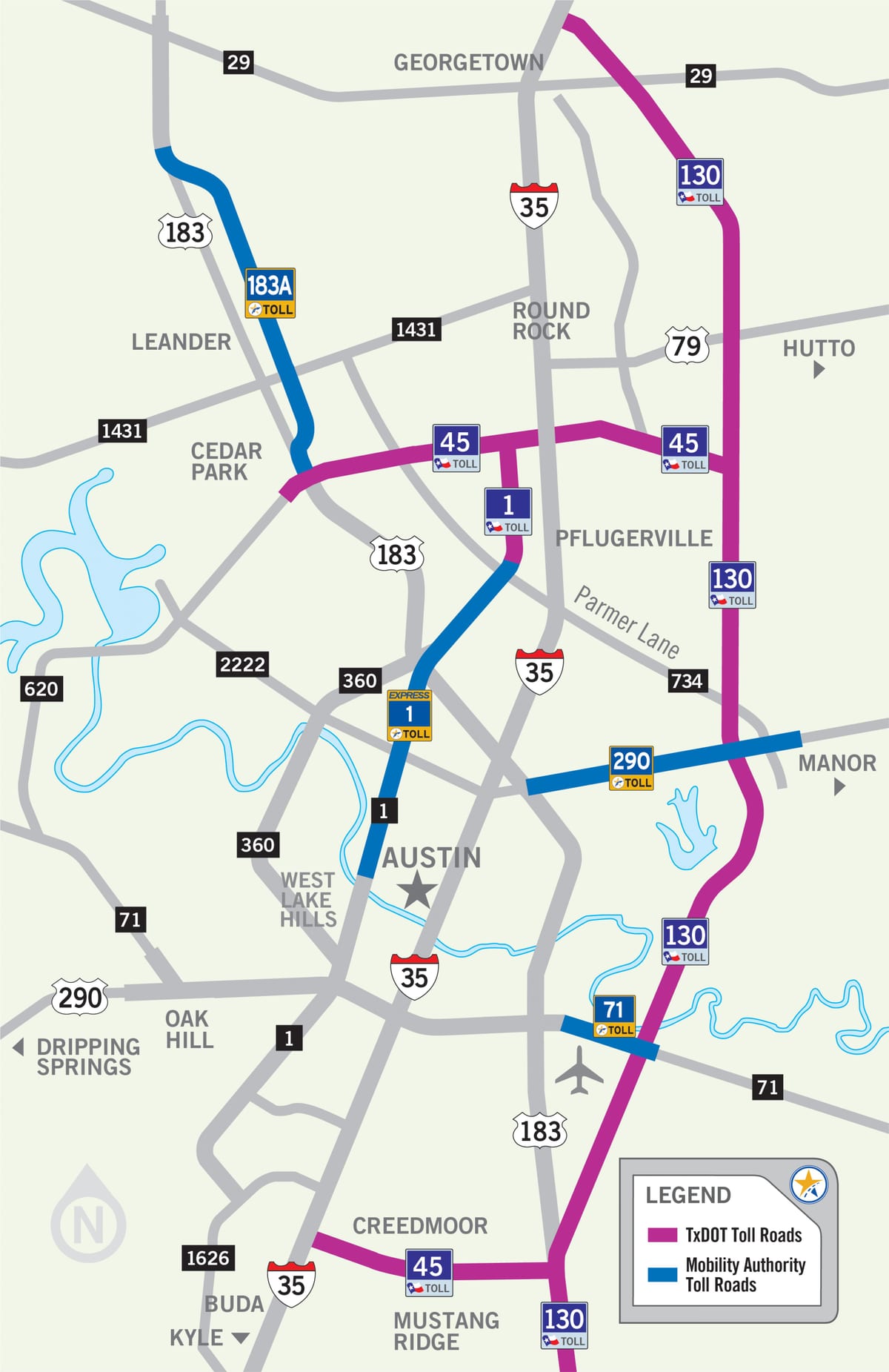 žemėlapis Austin mokamų kelių