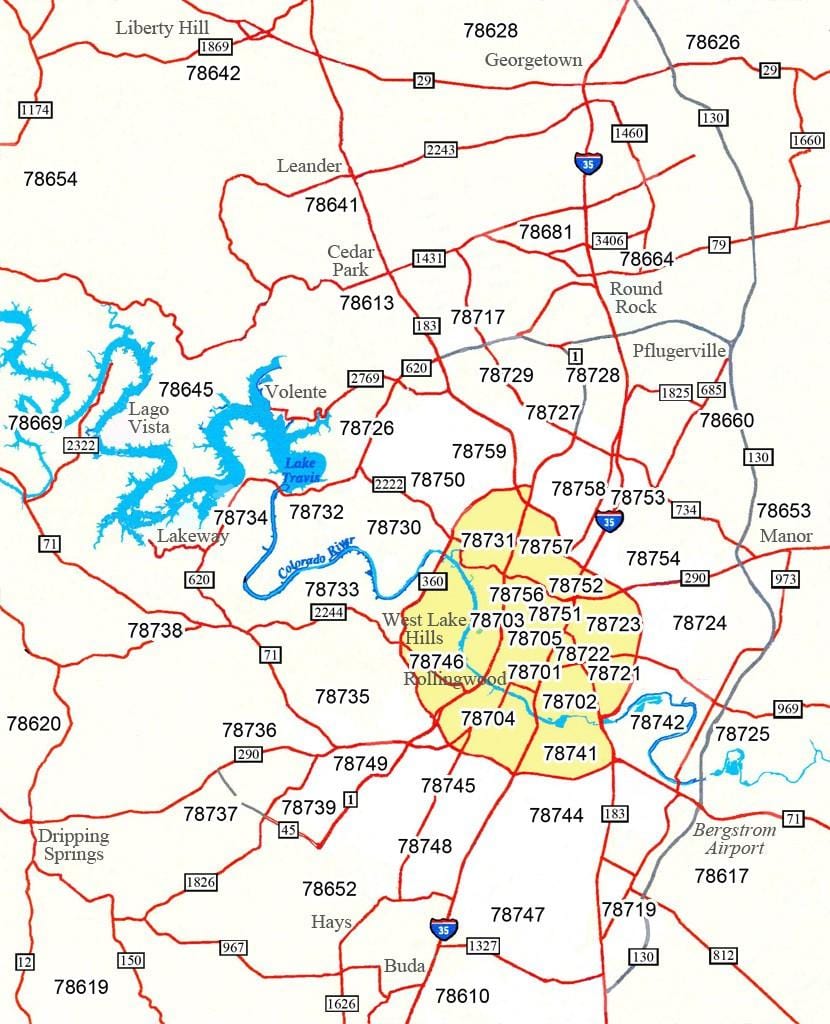 pašto kodas žemėlapis Austin Tx
