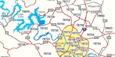 Pašto kodas žemėlapis Austin Tx